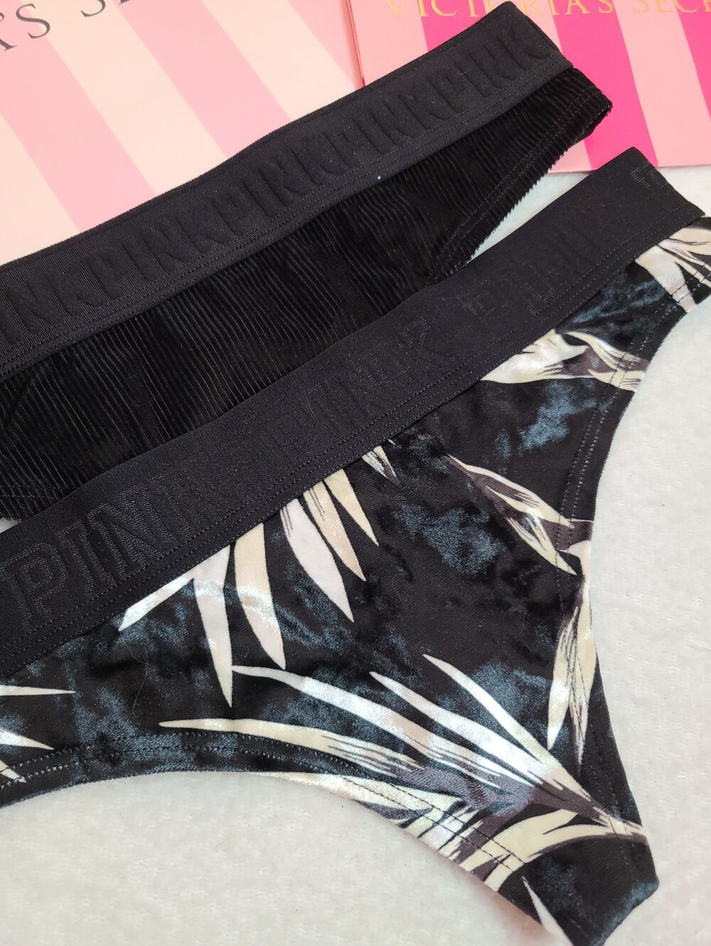 Retired VS PINK 2pk Soft Velvet Logo Band Full Cut Thong Panties Size M - Picture 2 of 5